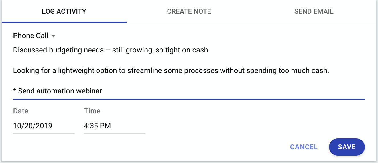 call log in copper crm