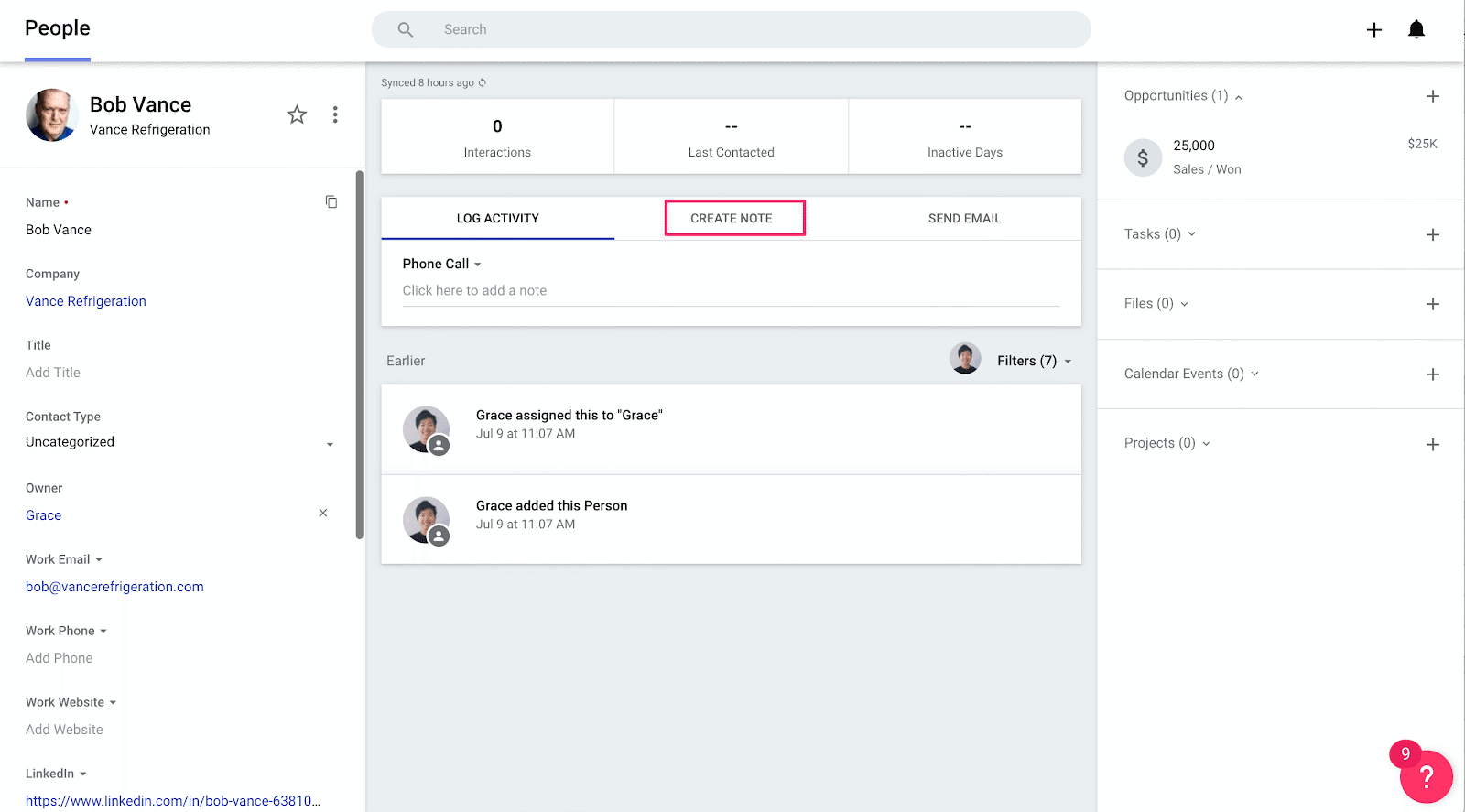 creating a note in copper crm