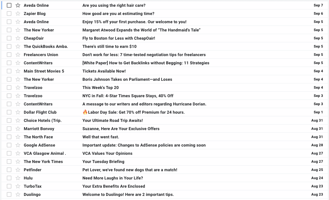 Gmail Inbox - Newsletter Subject Lines