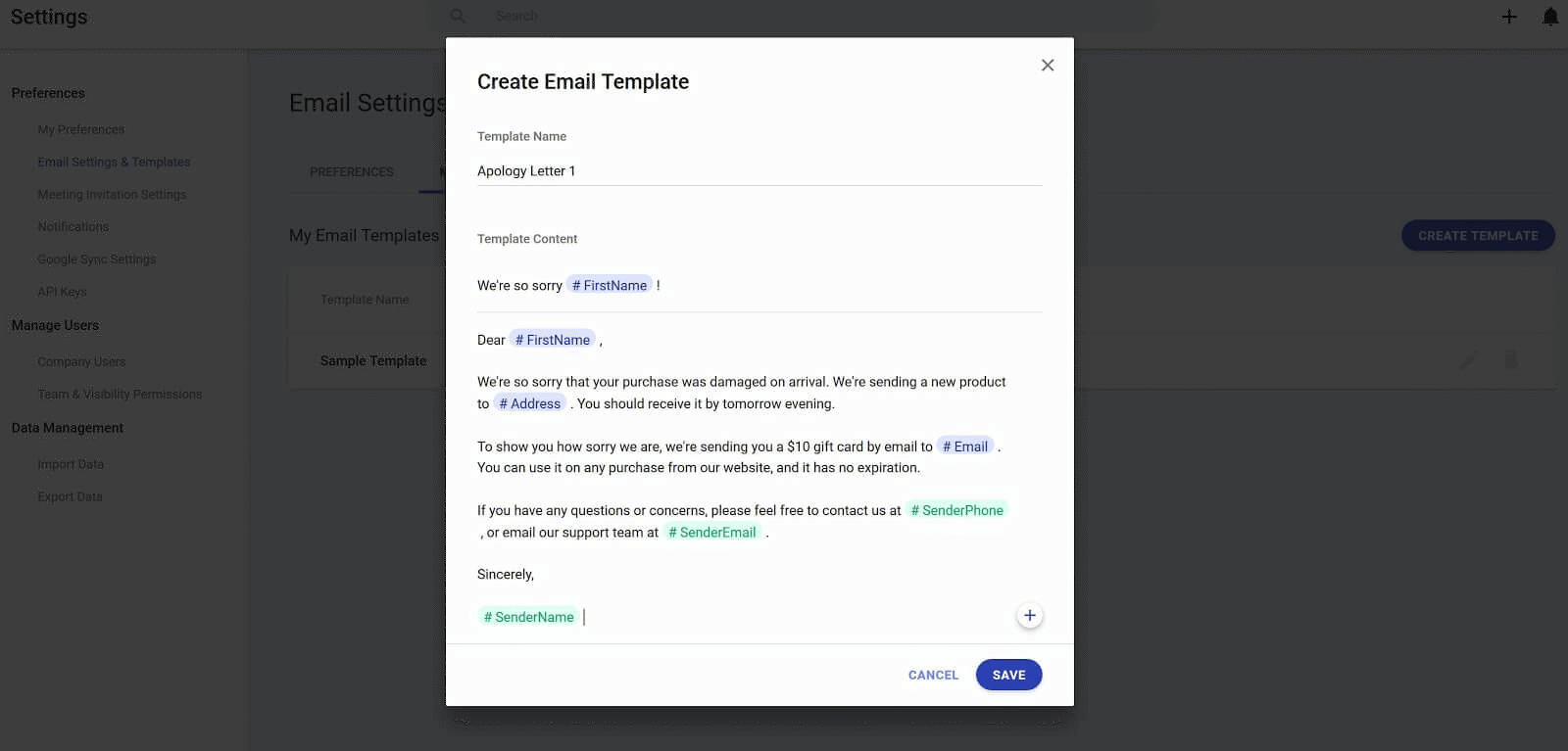 creating an apology email template in copper crm
