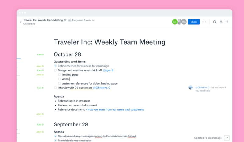 sending meeting agendas through dropbox paper