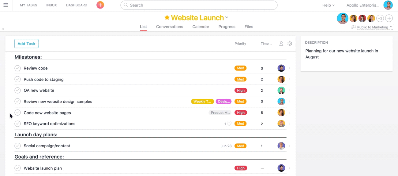 asana's project management board