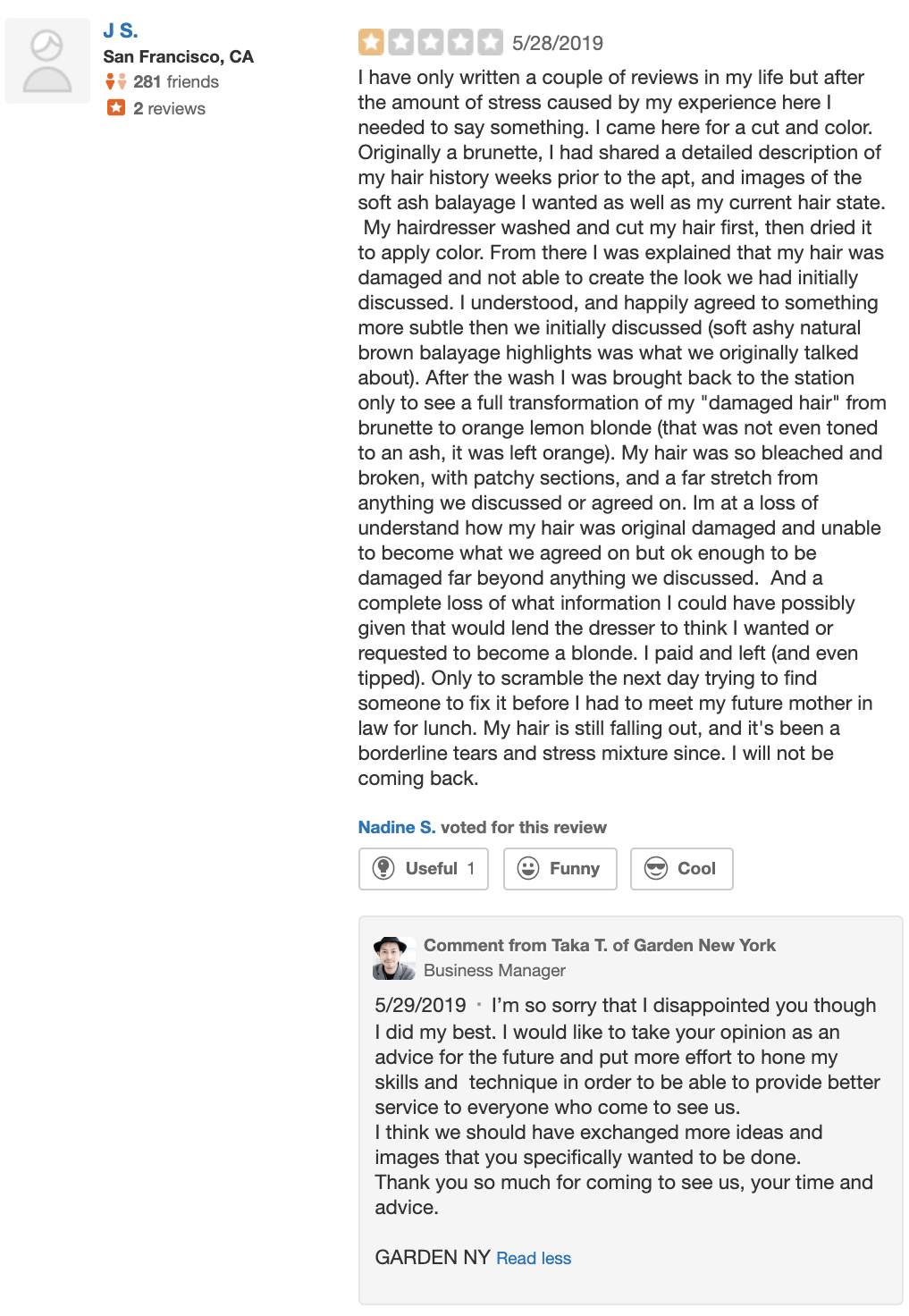 example of bad response to negative yelp review