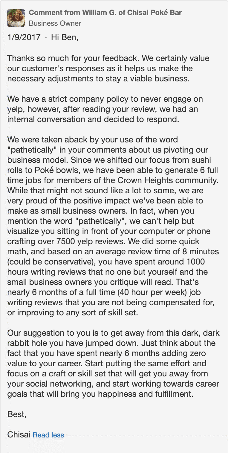 example of a bad response to a negative yelp review