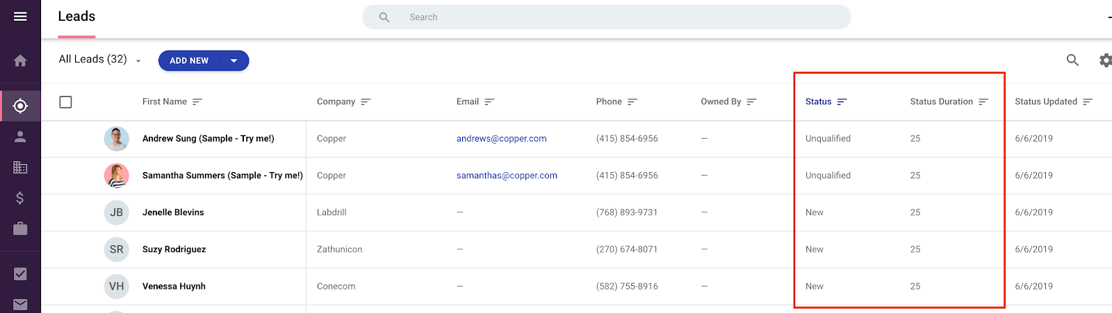 sales lead status view in copper crm