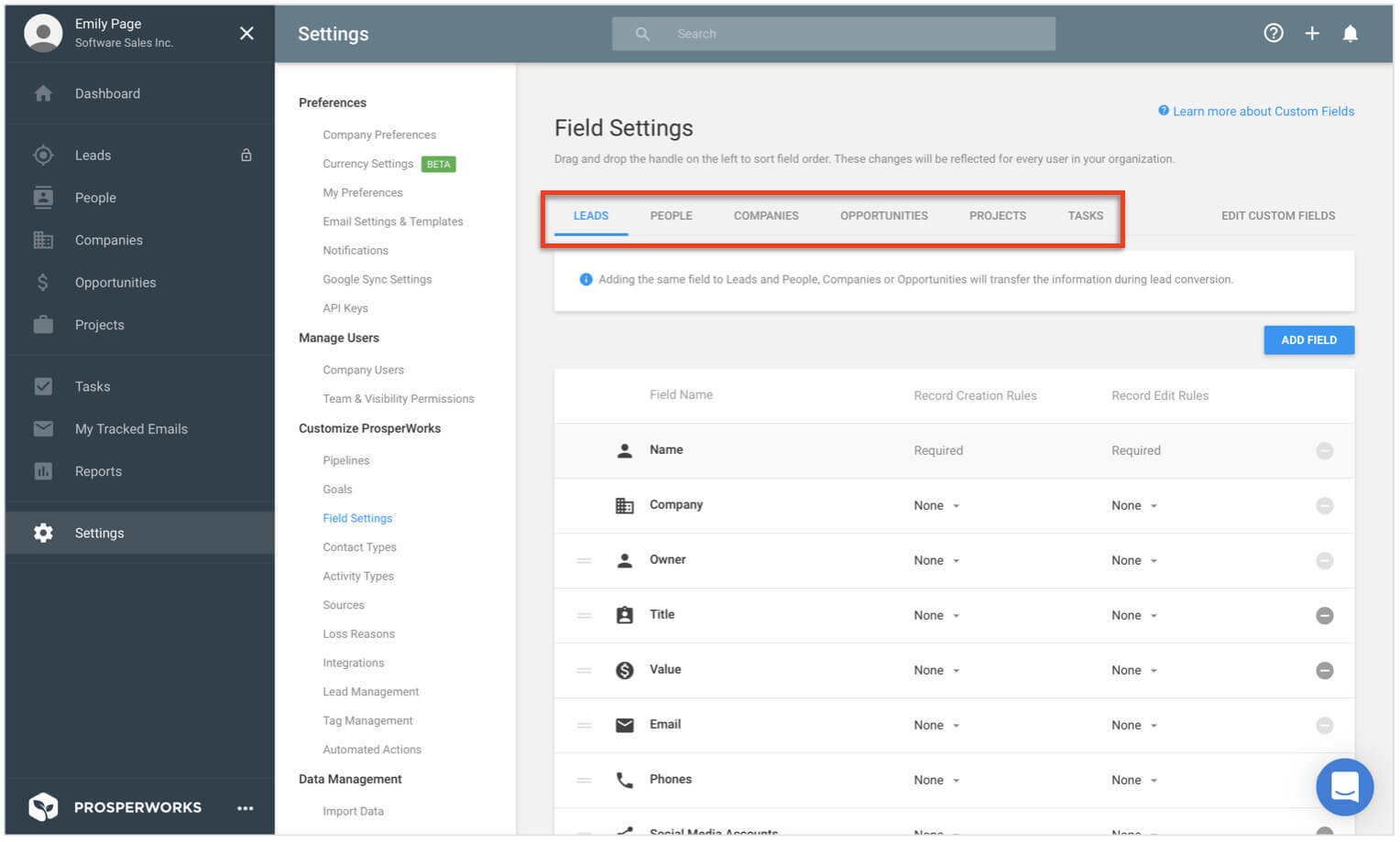 adding custom fields for notes in copper crm