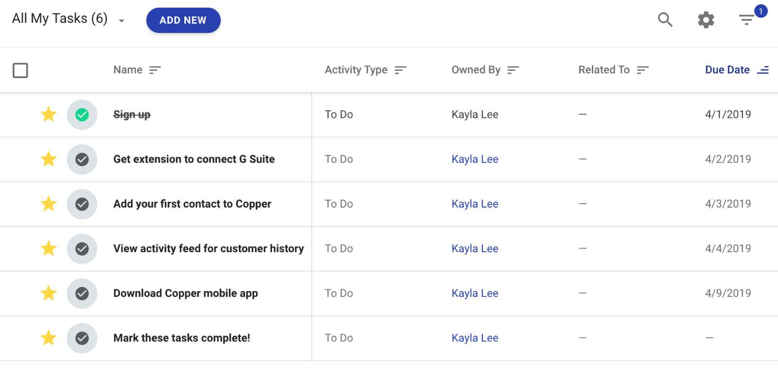 set tasks in copper crm to remind yourself to follow up with contacts.
