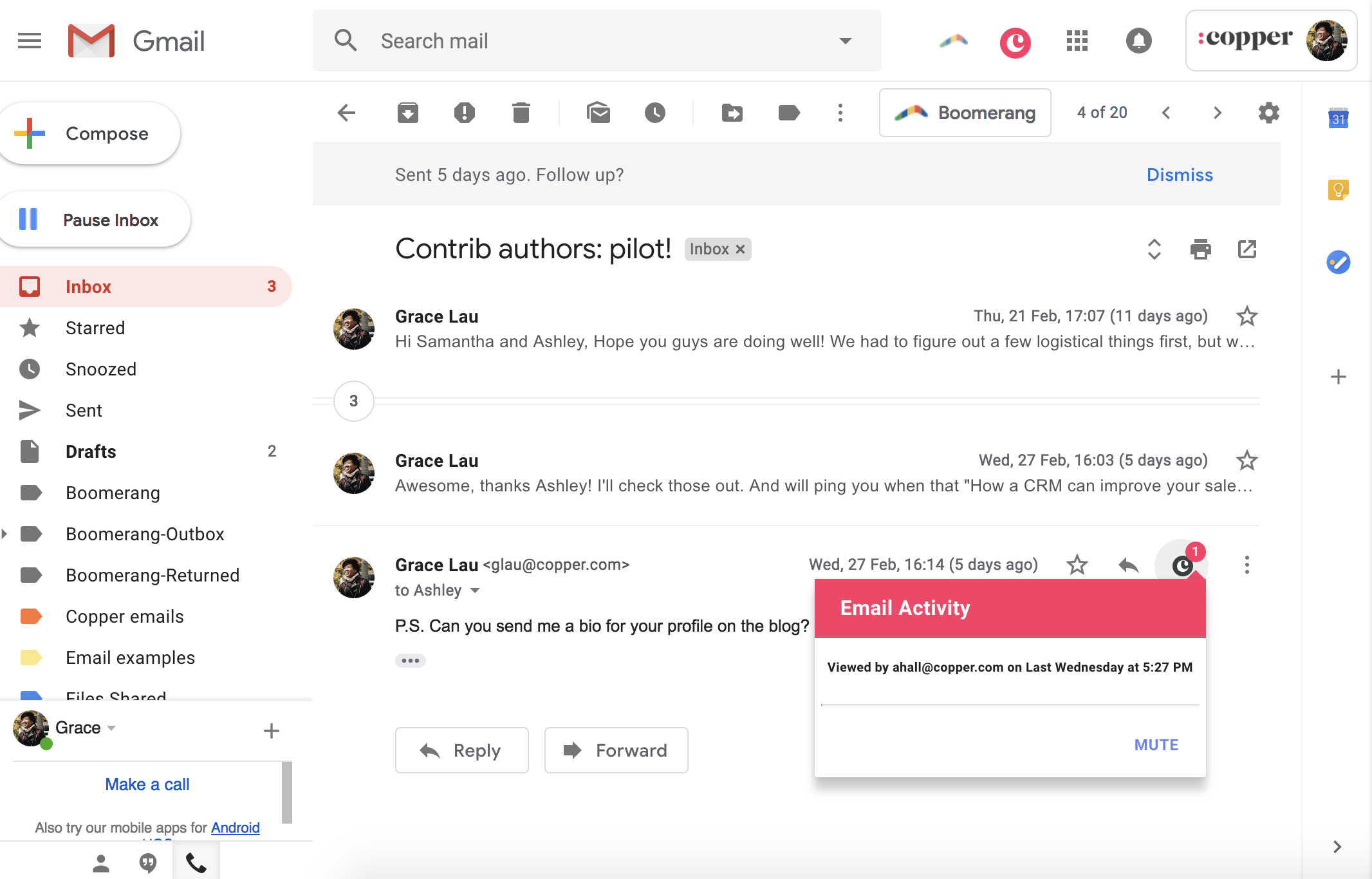 copper crm tells you when someone opened your emails