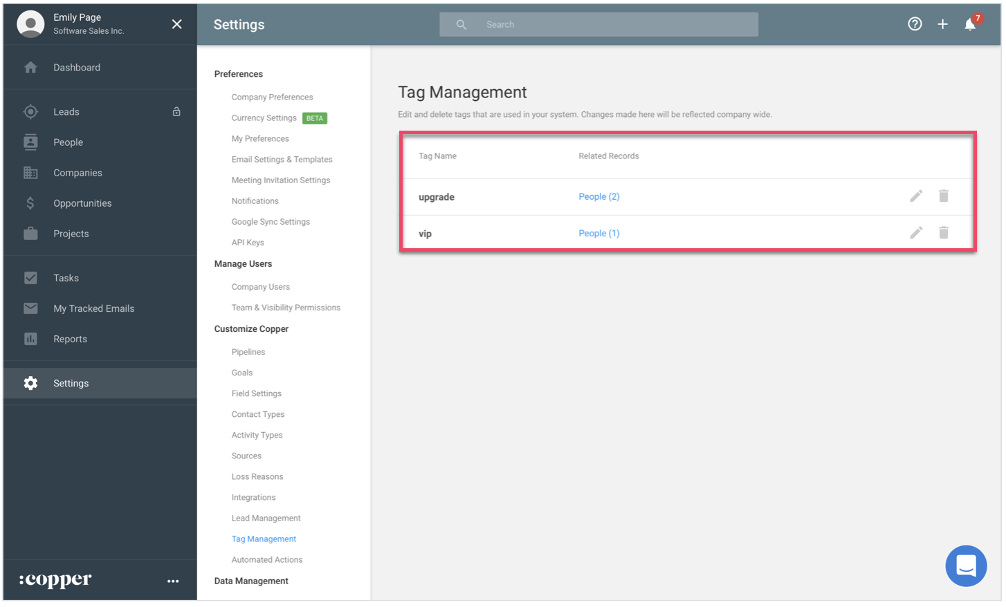 Copper CRM’s Tag Management page