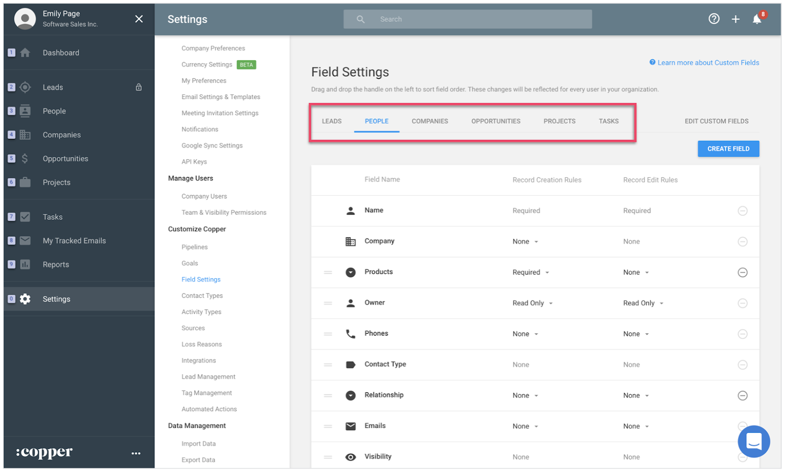 copper crm's customizable field settings