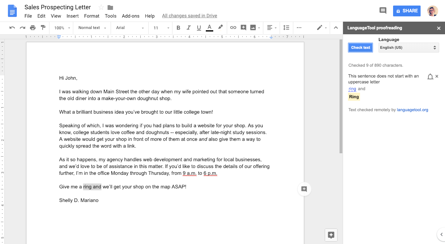 using google docs to proofread sales prospecting letters