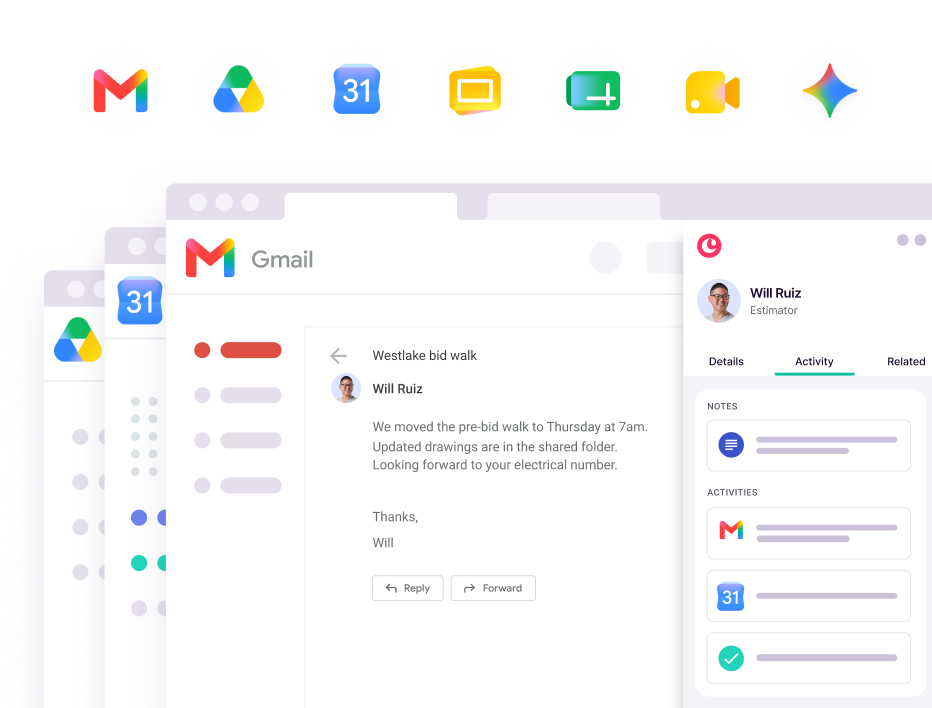 Copper sidebar in Gmail showing an estimator's contact record with notes and logged emails and meetings