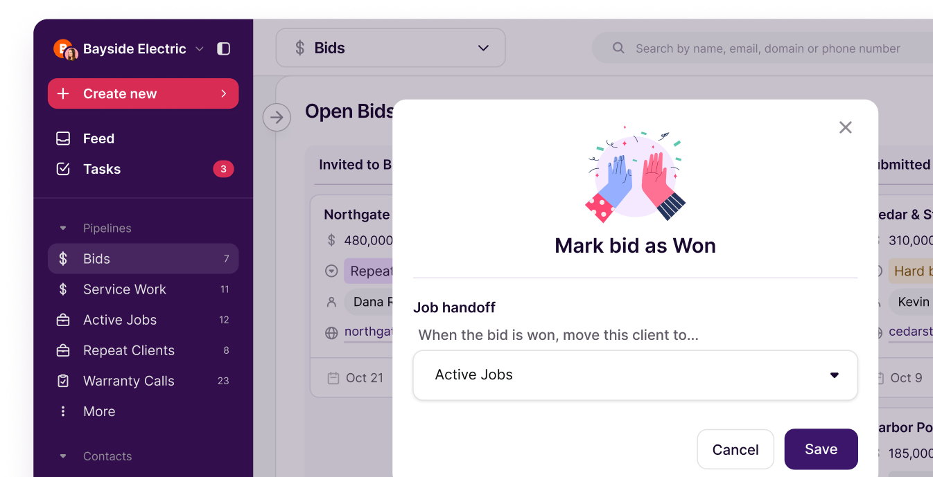 Copper bid board with a won bid moving to active jobs for the project team