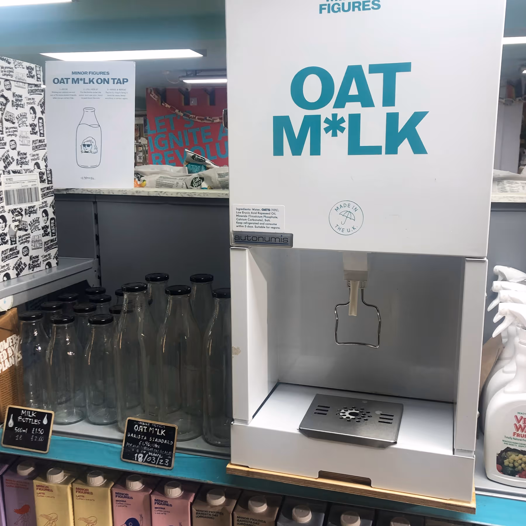 An oat milk refill station 