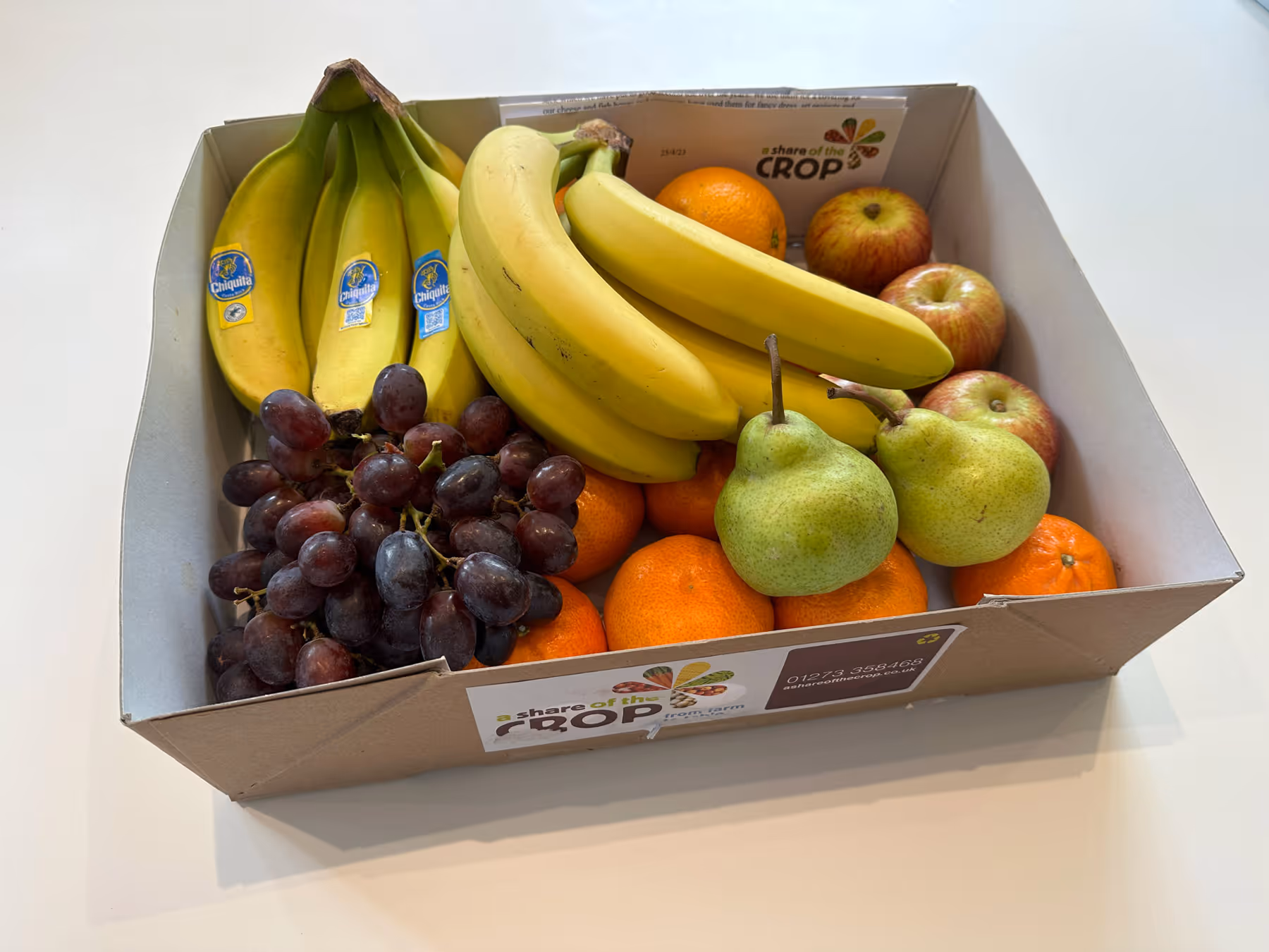 A fruit box filled with bananas grapes, apples, pears and oranges