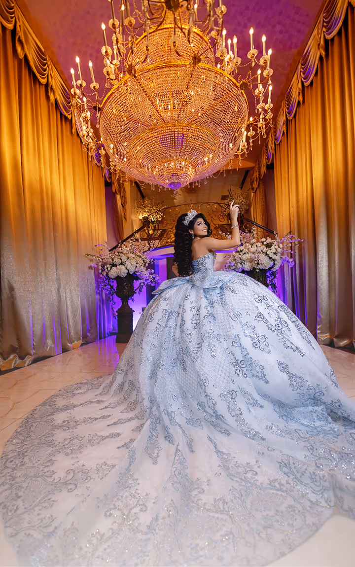 Luxury ballroom event space near Houston TX showing decorated celebration setup for wedding or private event with elegant lighting