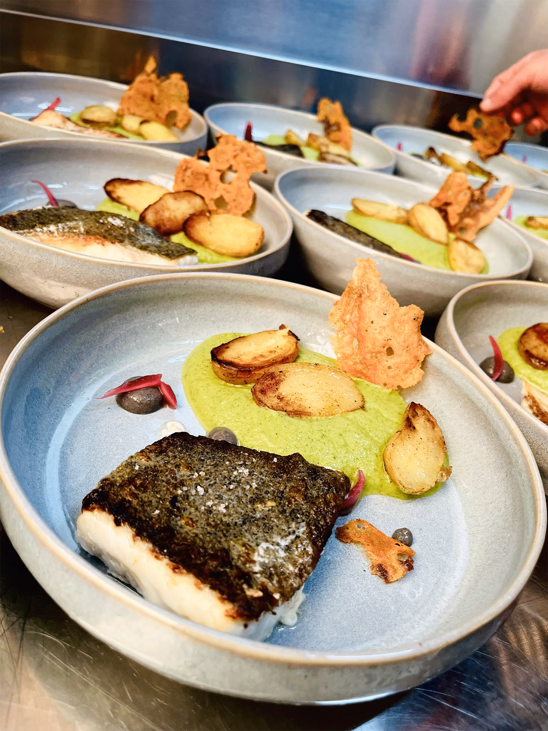 Pavés de poisson à la peau croustillante sur purée verte, pommes de terre rôties et tuiles, dressés à l'assiette