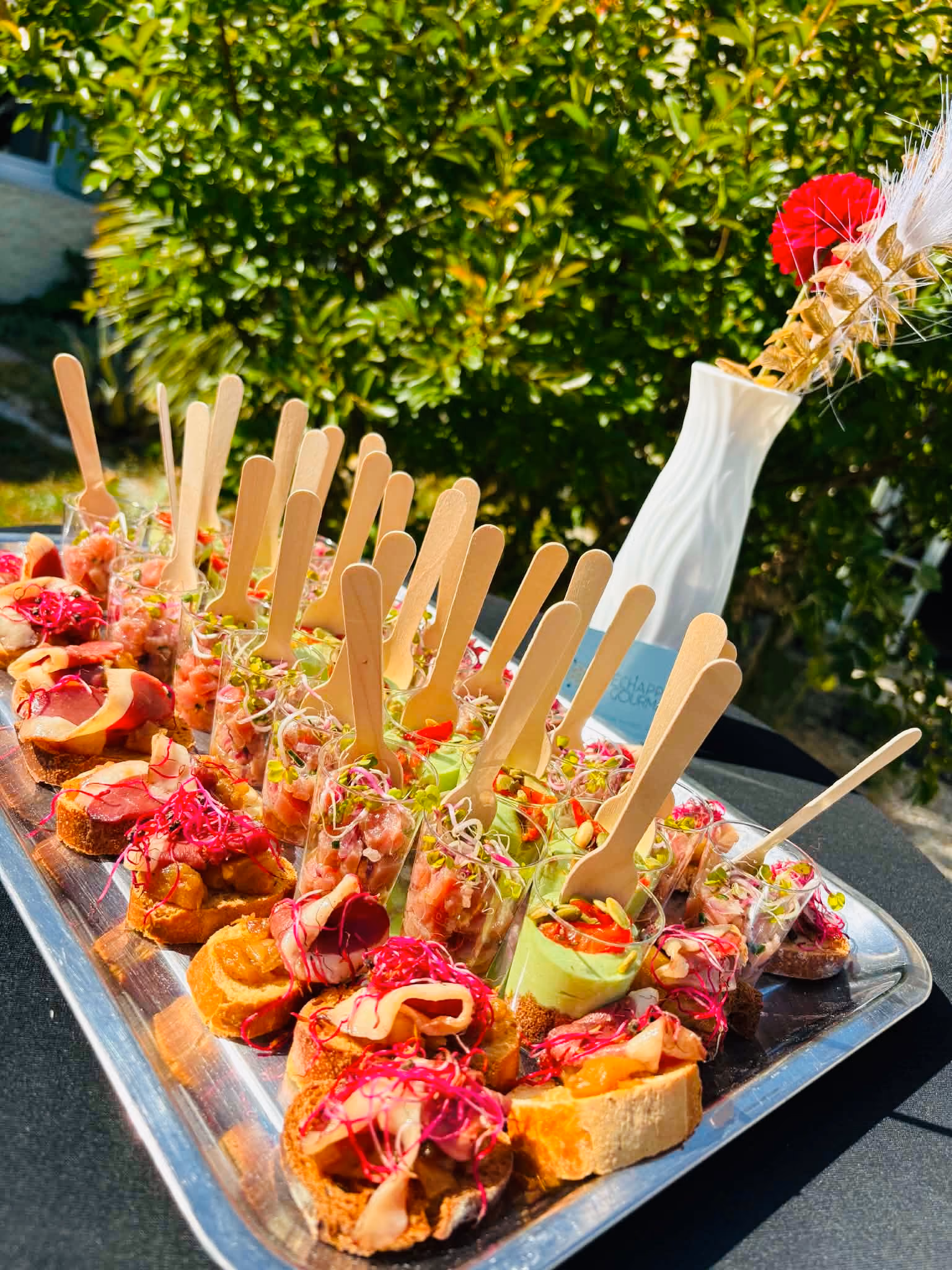 Plateau de canapés et verrines apéritives garnis de charcuterie, tartare et pousses, dressé en extérieur
