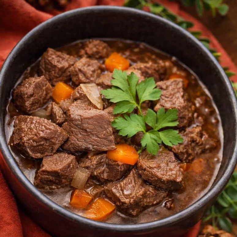 Bœuf mijoté en sauce aux carottes et oignons, garni de persil plat, dans un bol noir