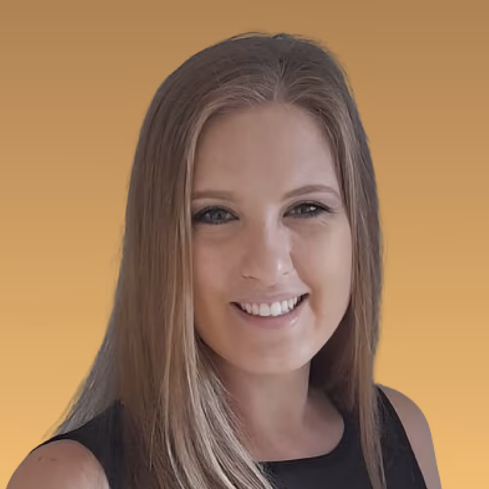 Smiling woman with long straight blonde hair wearing a black sleeveless top against a gradient orange background.