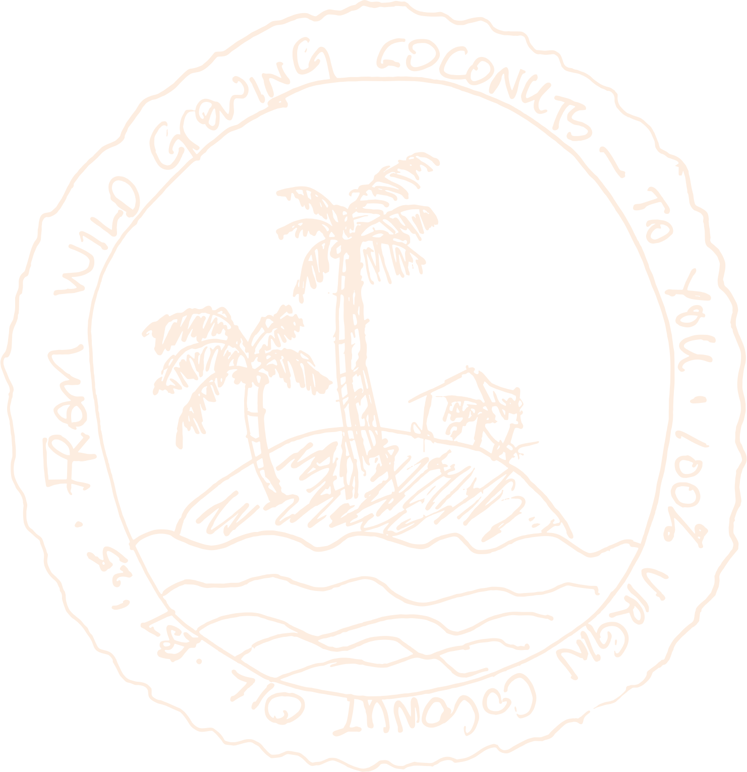 COCONUT ISLAND BADGE. Illustration of a small tropical island with two coconut trees, a hut, and ocean waves encircled by the text 'From wild growing coconuts to you. 100% virgin coconut oil.'