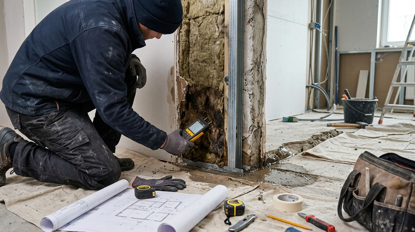 Illustration zum Thema: Versteckte Feuchtigkeit in Wand und Boden erkennen