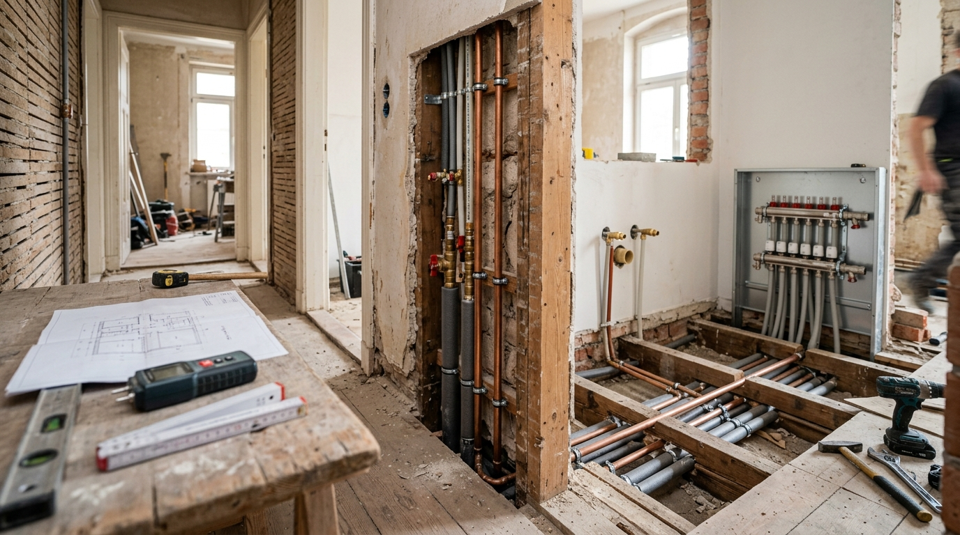 Illustration zum Thema: Sanitär und Heizung bei Renovationen: Technikentscheide im Bestand