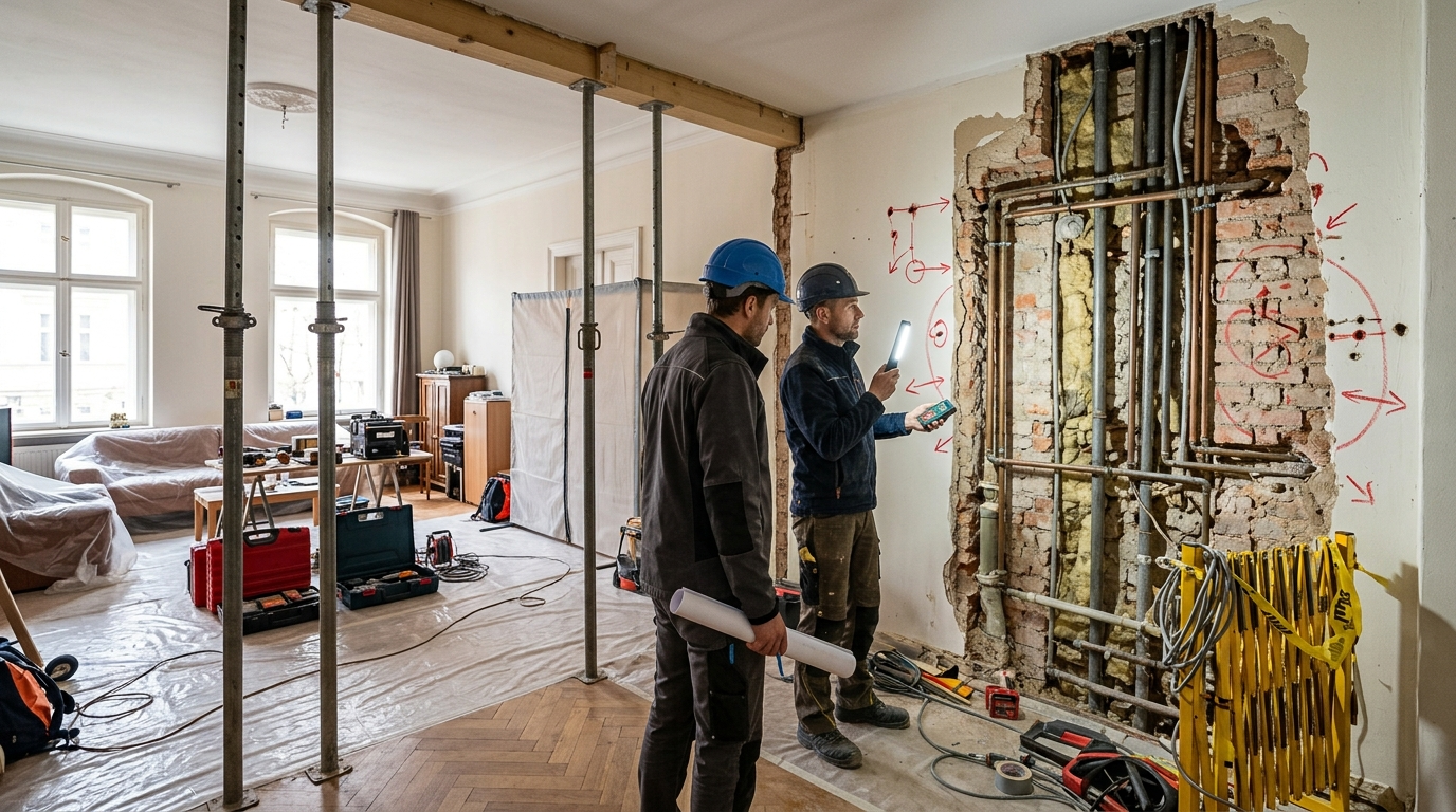 Illustration zum Thema: Rückbau, Kernbohrungen und Baumeisterarbeiten prüfen