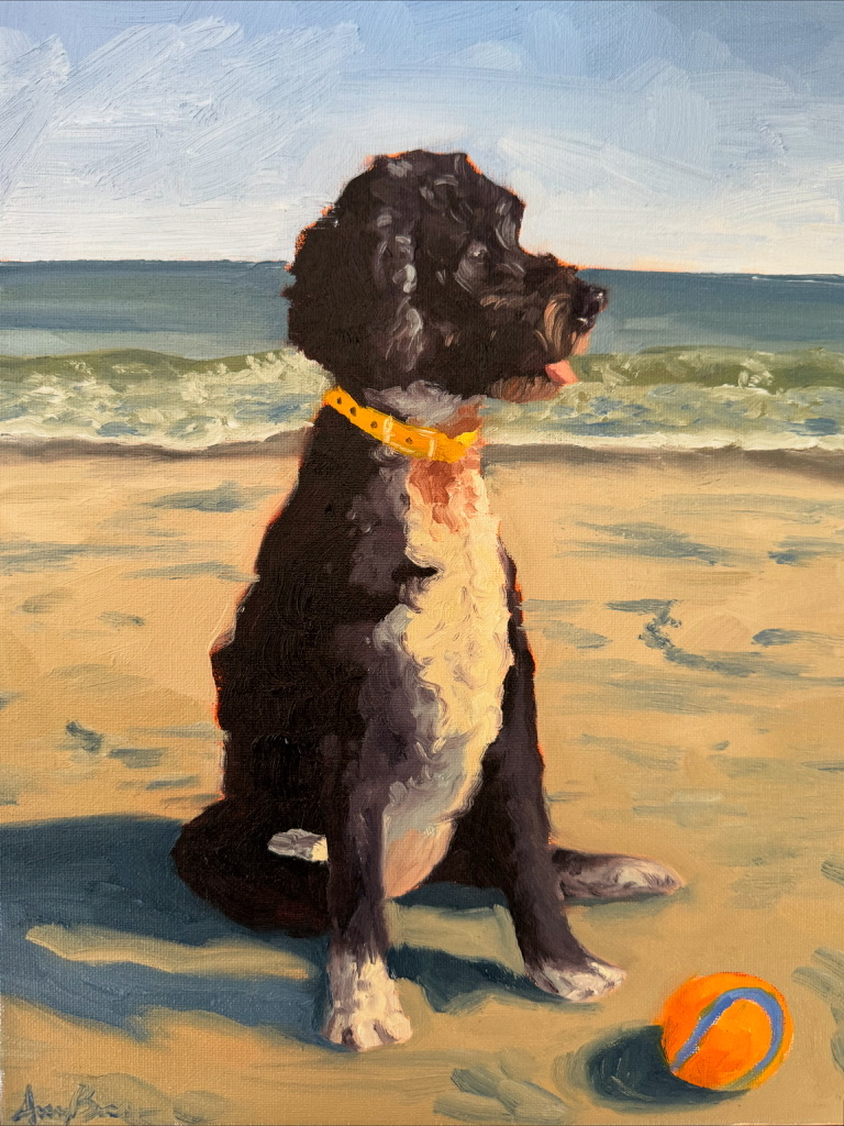 Dog on beach by Audrey