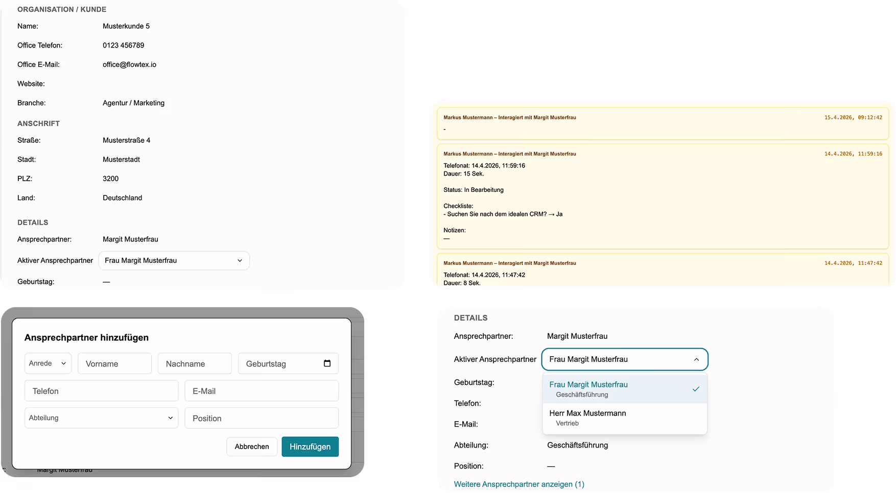 Cards of examples of Contact details, notes, cumminication Partner and choosing the main communication partner