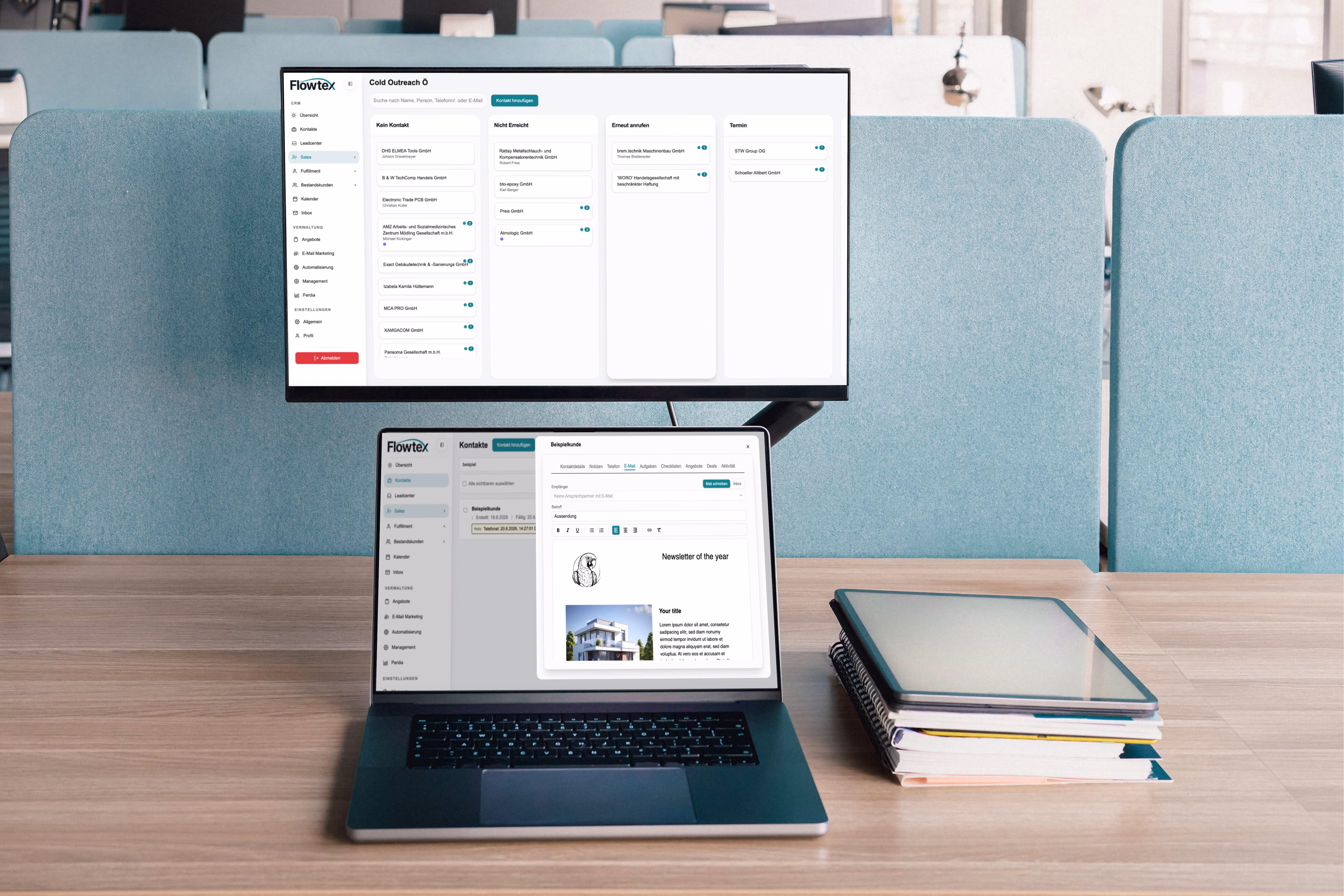 Flowtex am Pc an zwei Bildschirmen geöffnet