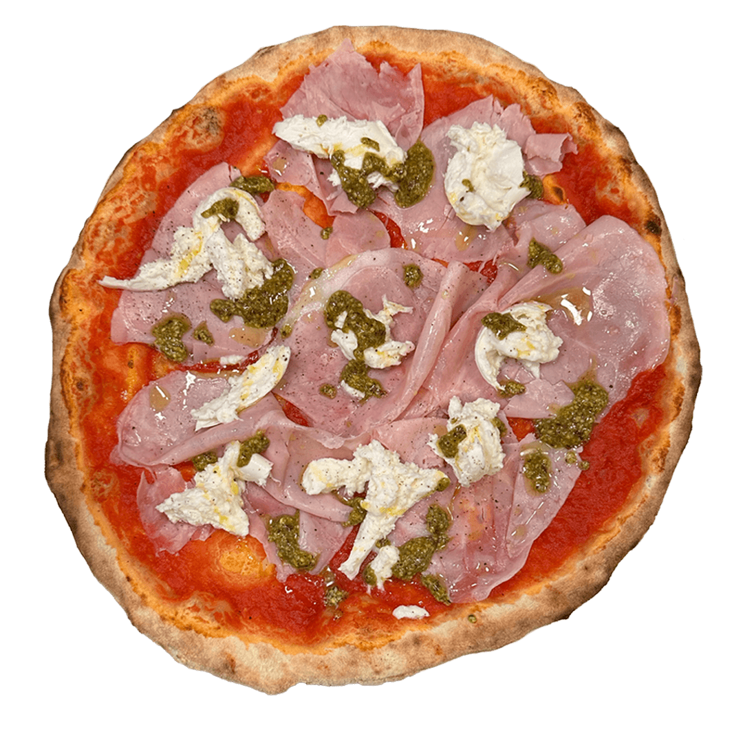 FANTASÍA Pizza artesanal con mozzarella di buffala, jamón cocido y pesto de pistacho en La Spiga El Masnou