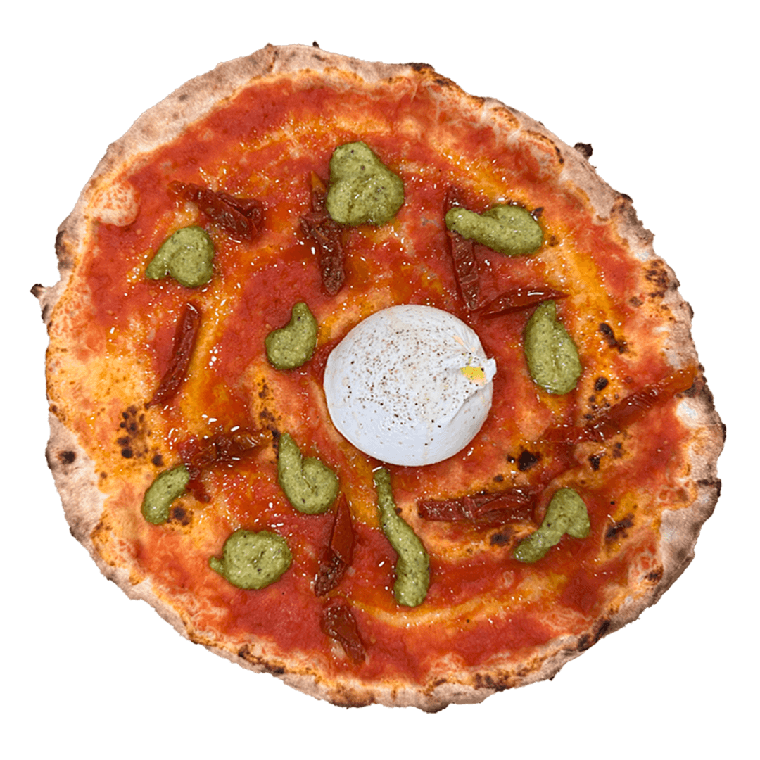 TRICOLORE  Pizza artesanal con pesto, burrata y tomate seco en La Spiga El Masnou