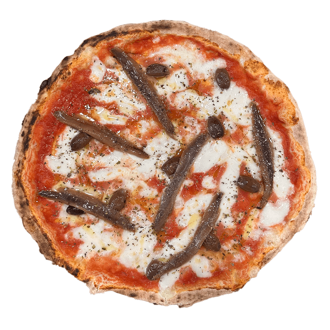 MARINARA  Pizza artesanal con fior di latte, orégano, anchoas del Cantábrico y olivas negras en La Spiga El Masnou