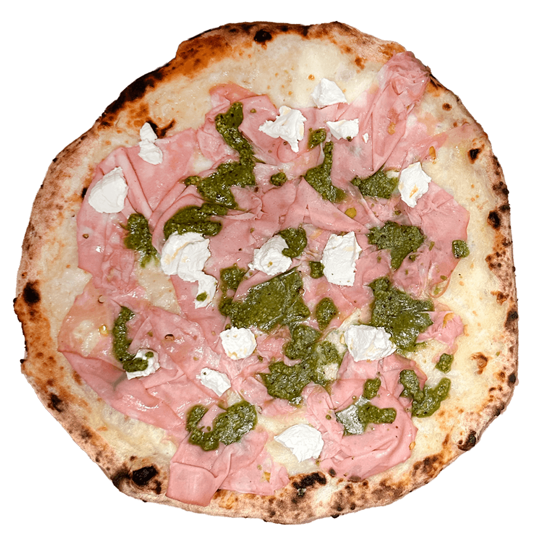 MORTADELLA Pizza artesanal con mortadella IGP, ricotta y crema de pistacho en La Spiga El Masnou