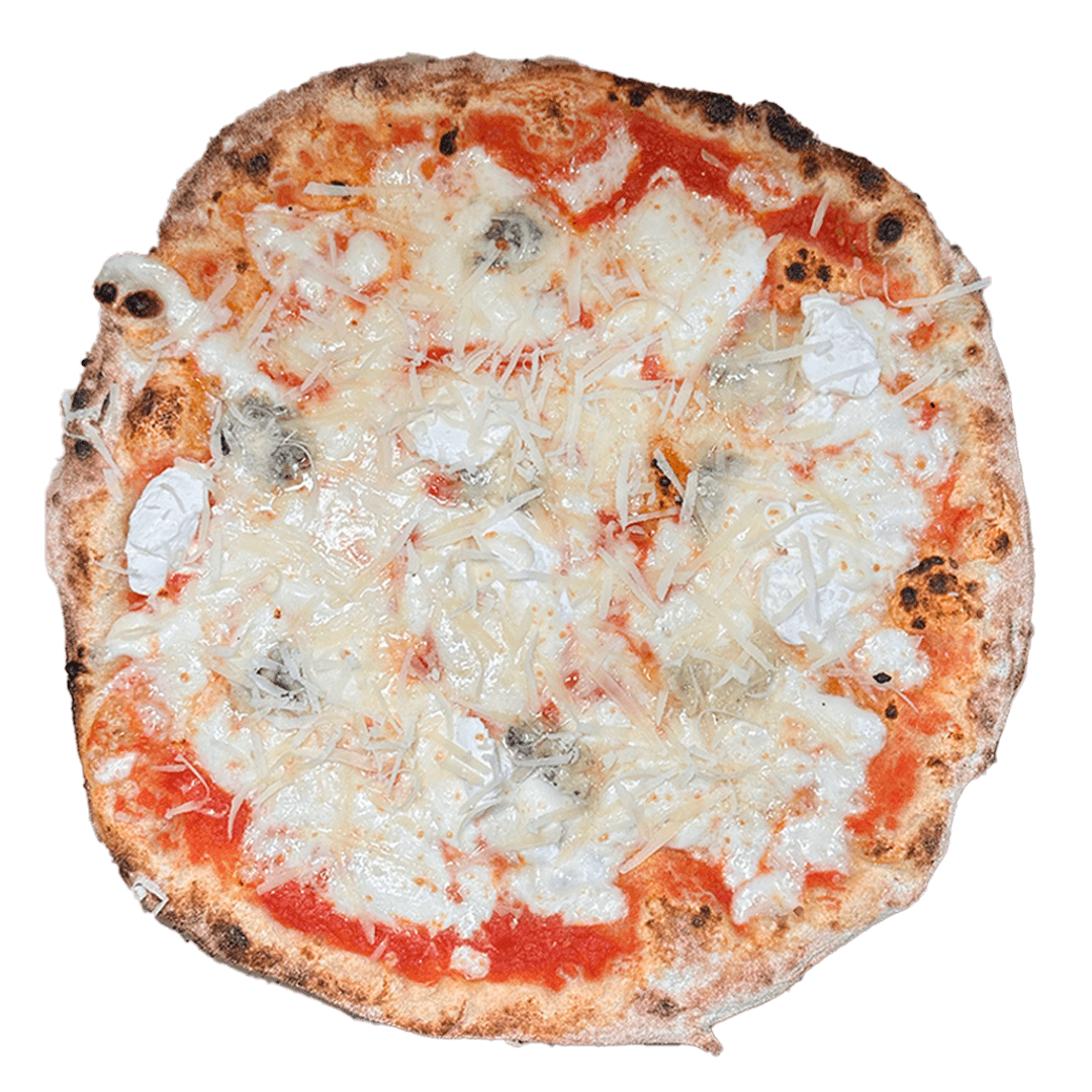QUATTRO FORMAGGI (4 FORMAGGI)  Pizza artesanal cuatro quesos con fior di latte, provolone, gorgonzola, ricotta y parmesano en La Spiga El Masnou