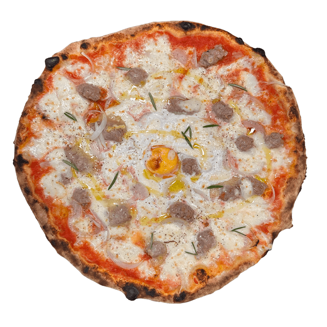 LA SPIGA Pizza artesanal con salchicha, queso fontina, cebolla, huevo y romero en La Spiga El Masnou