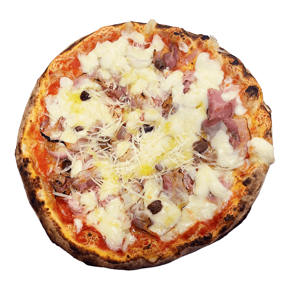 PANCETTA  Pizza artesanal con panceta, jamón cocido, olivas negras, cebolla y parmesano en La Spiga El Masnou