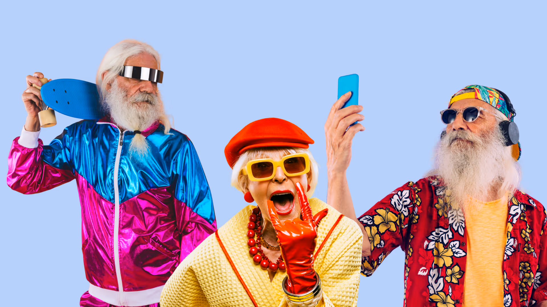 Three stylish elderly people in colorful outfits posing with skateboard, phone, and headphones.