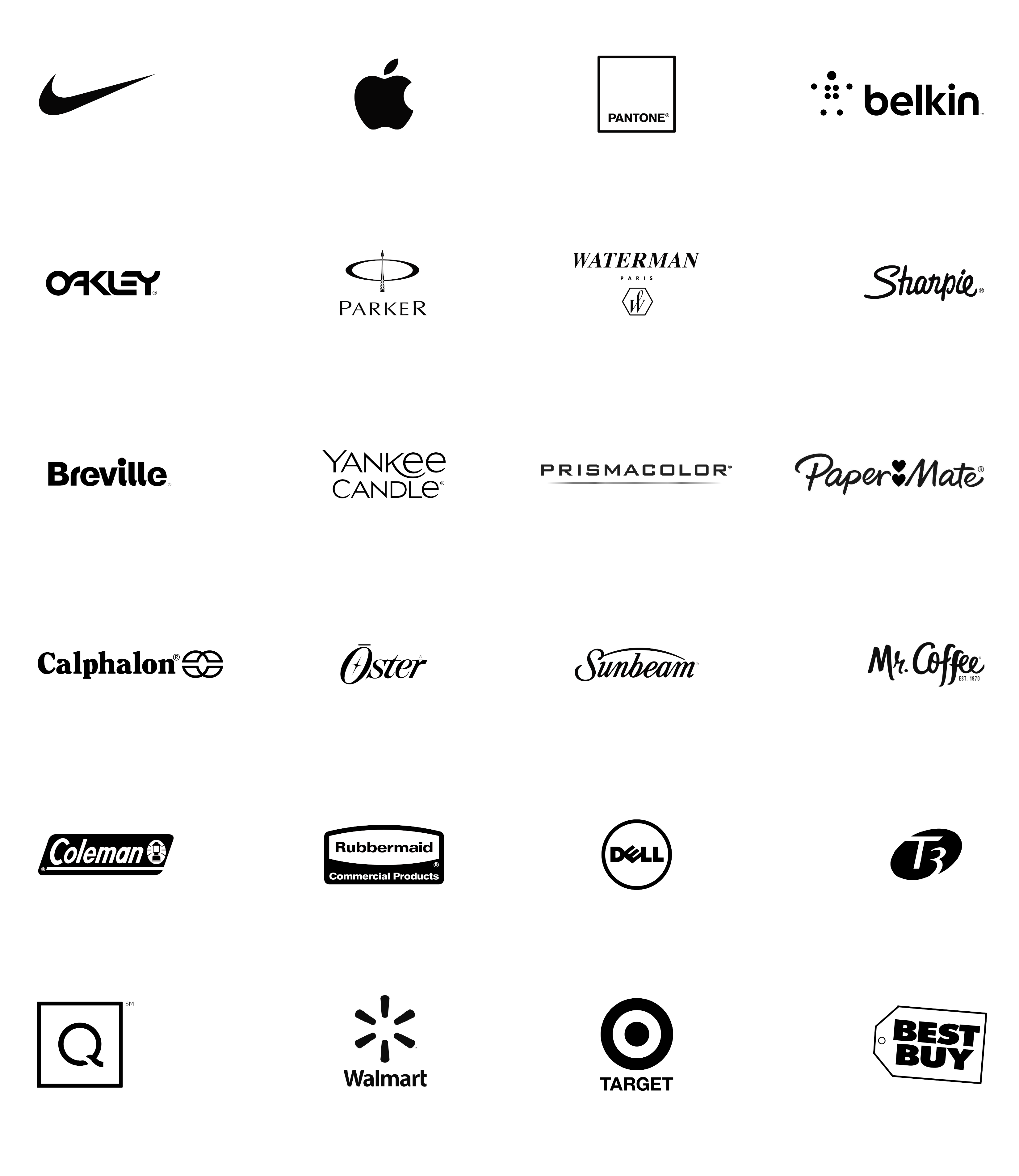 Grid of 24 logos from various well-known brands including Nike, Apple, Pantone, Belkin, Oakley, Parker, Waterman, Sharpie, Breville, Yankee Candle, Prismacolor, Paper Mate, Calphalon, Oster, Sunbeam, Mr. Coffee, Coleman, Rubbermaid, Dell, T3, QVC, Walmart, Target, and Best Buy.
