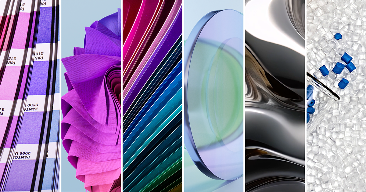 Close-up collage of color swatches, purple fabric folds, layered colored sheets, translucent circular discs, reflective metallic surface, and plastic pellets