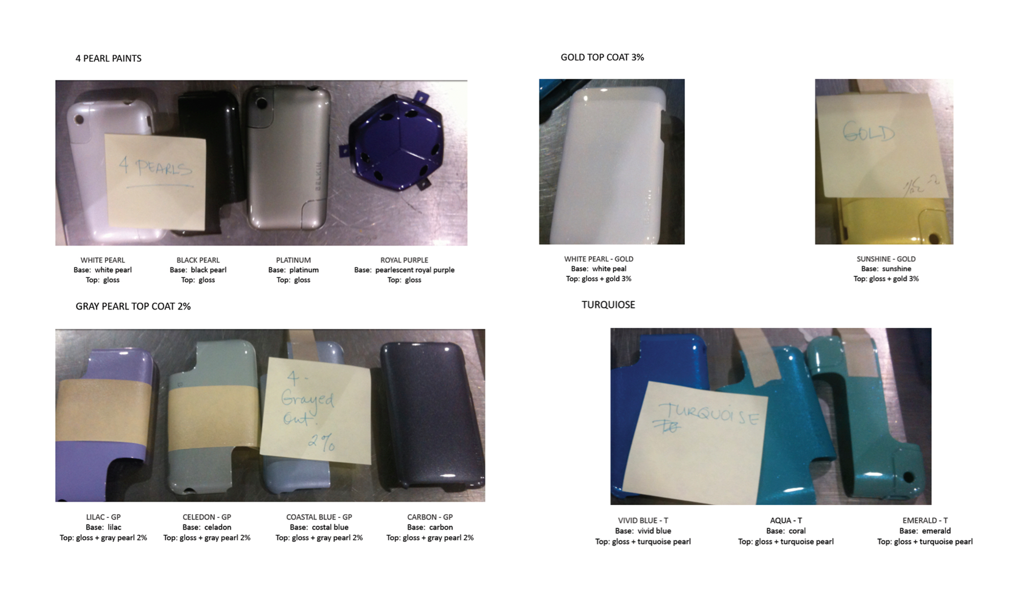 Multiple painted phone cases grouped by paint types: 4 Pearl Paints with white, black, platinum, and royal purple gloss finishes; Gold Top Coat 3% on white pearl and sunshine bases; Gray Pearl Top Coat 2% on lilac, celedon, coastal blue, and carbon bases with gloss; and Turquoise colors in vivid blue, aqua, and emerald bases with gloss and turquoise pearl top coat.
