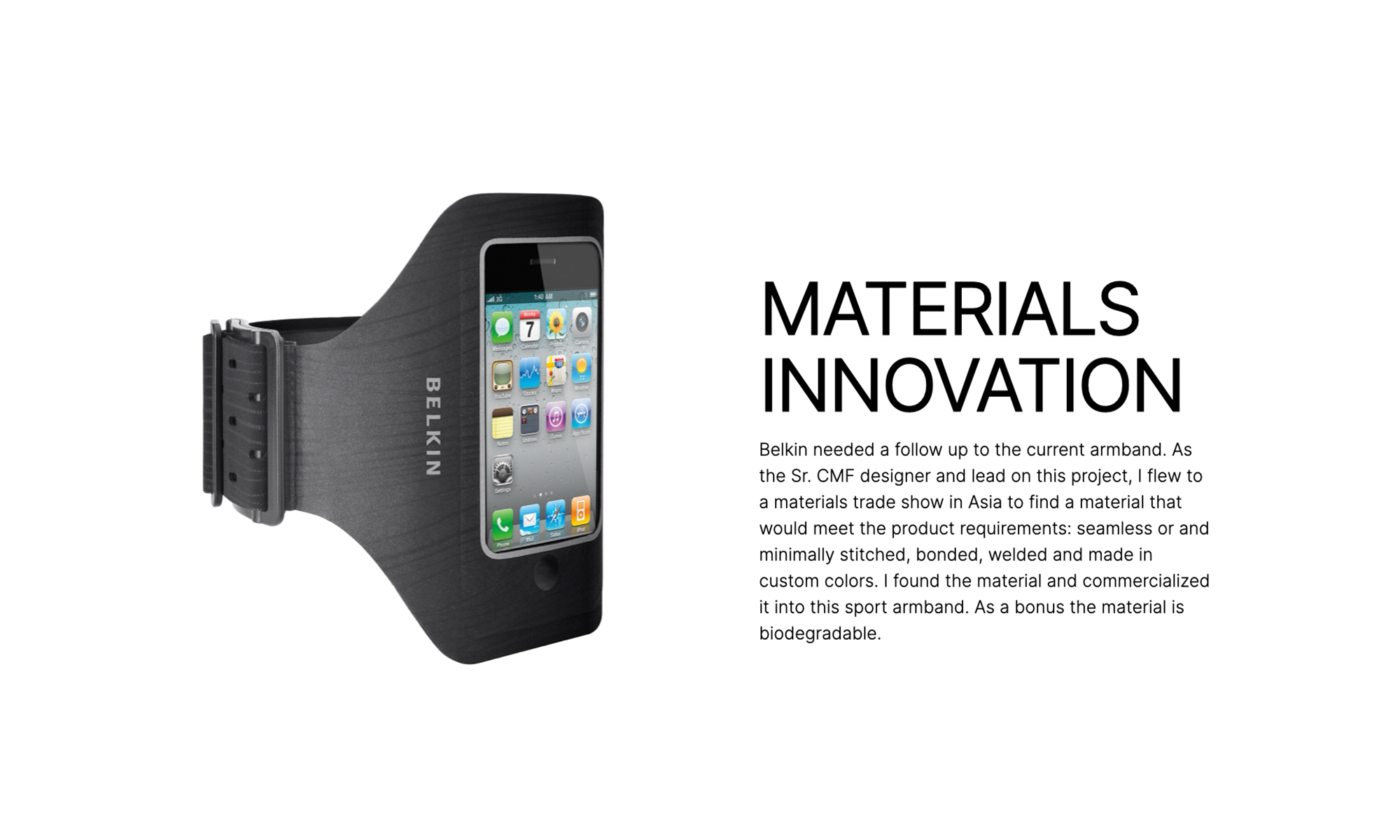 Black Belkin sport armband with a smartphone display, paired with text about innovative biodegradable materials used in its seamless, bonded design.