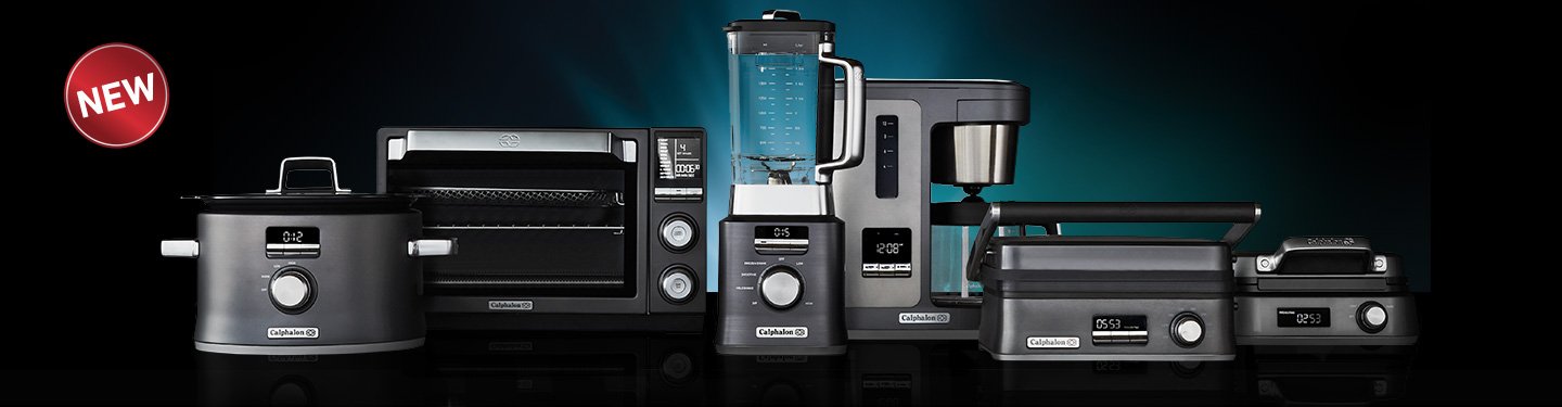 Set of five new black Calphalon kitchen appliances including a slow cooker, toaster oven, blender, coffee maker, and sandwich press on a reflective surface.