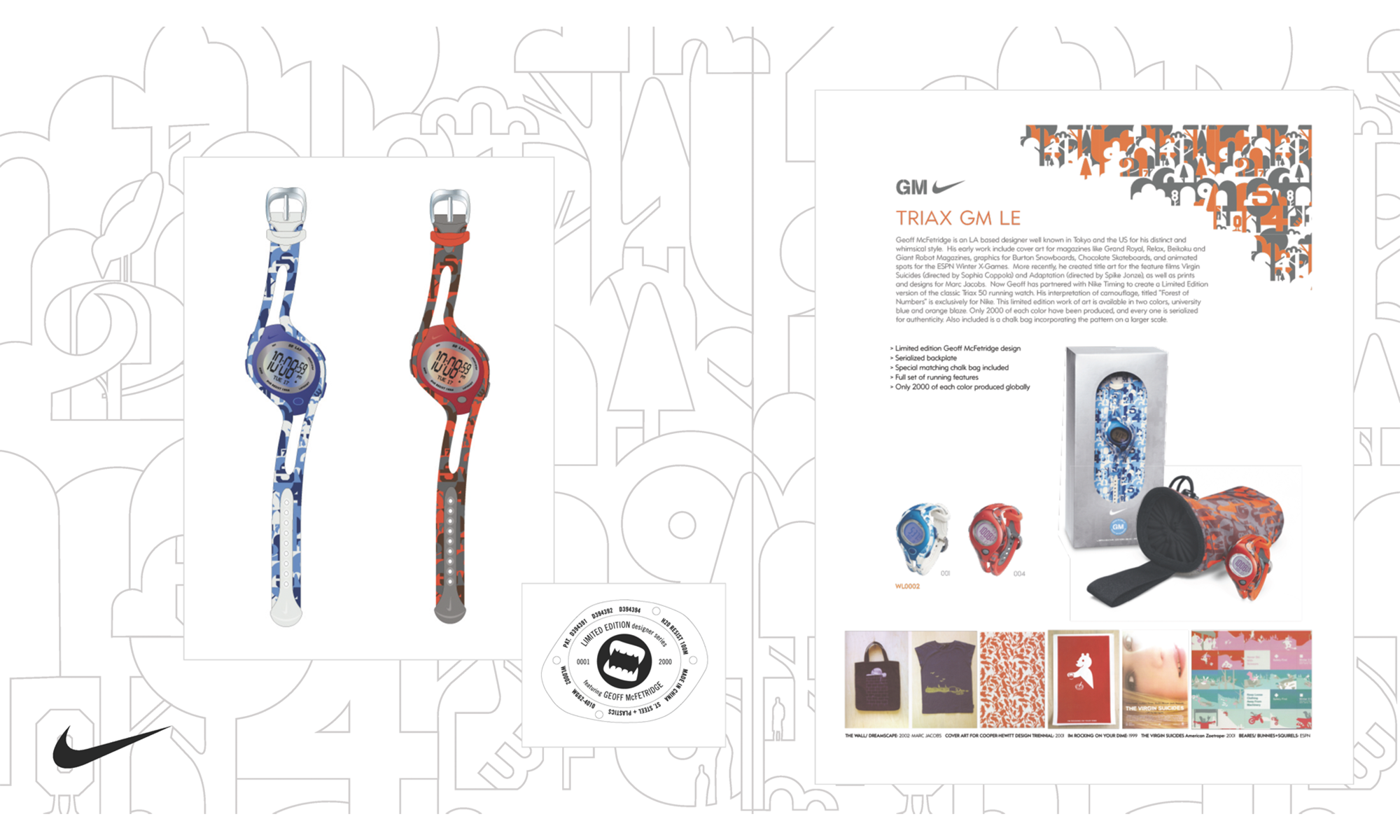 Two limited edition Nike Triax GM LE running watches in blue and orange camouflage next to packaging and a matching chalk bag, showcasing designer Geoff McFetridge's artwork.