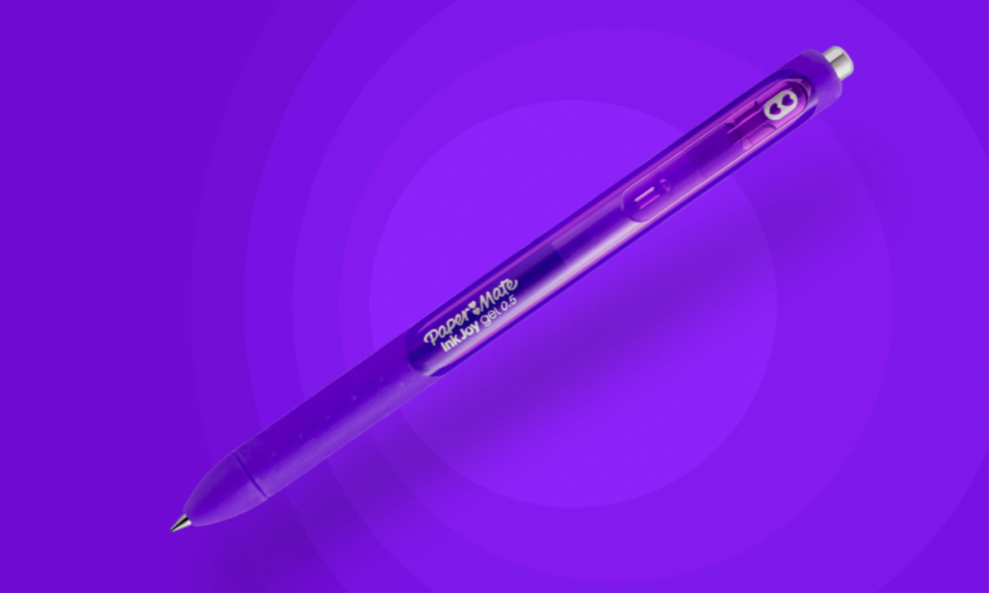Purple Paper Mate Ink Joy gel 0.5 pen on a purple background.