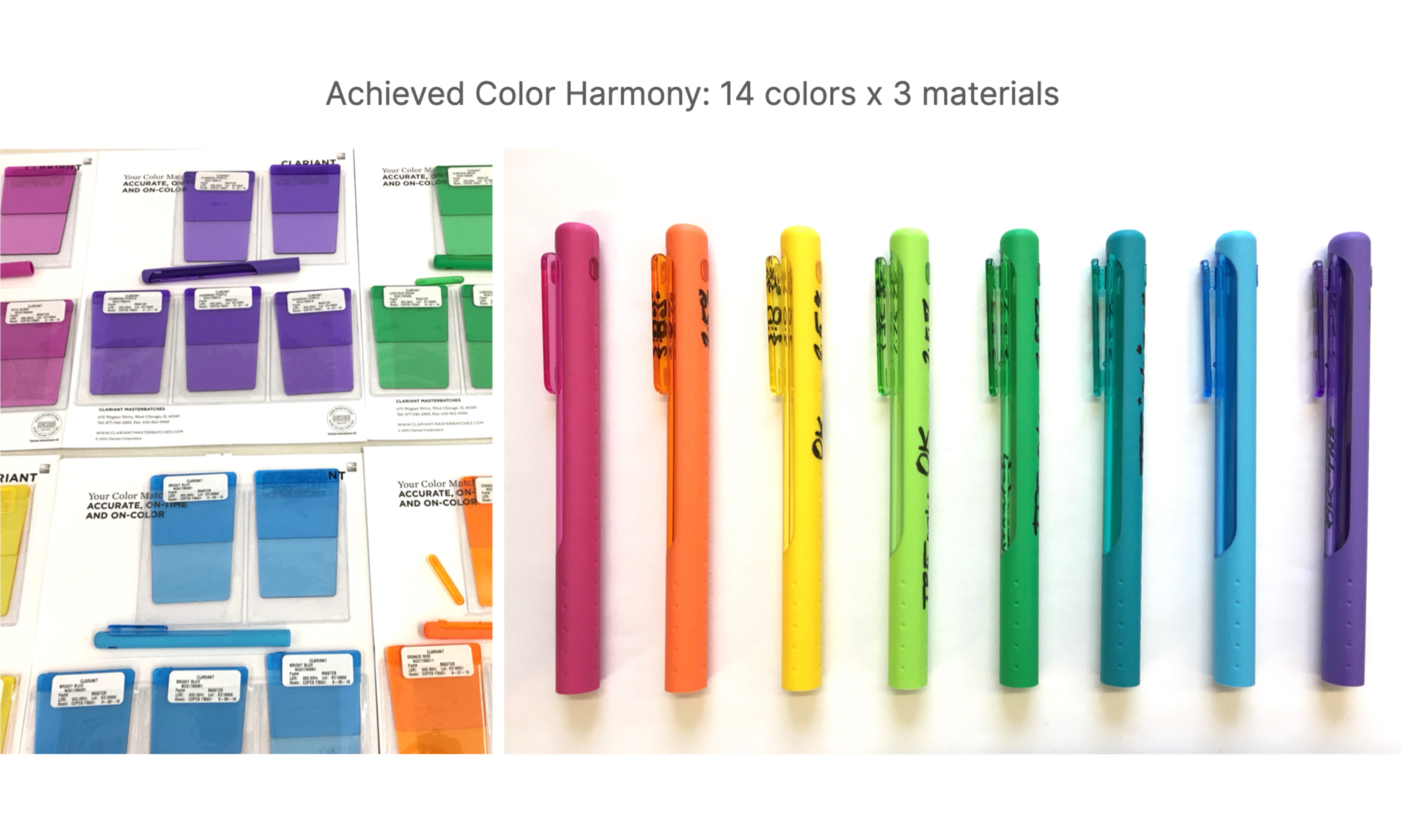 Fourteen colorful pens arranged in a gradient from pink to purple, alongside corresponding color swatches for color harmony.