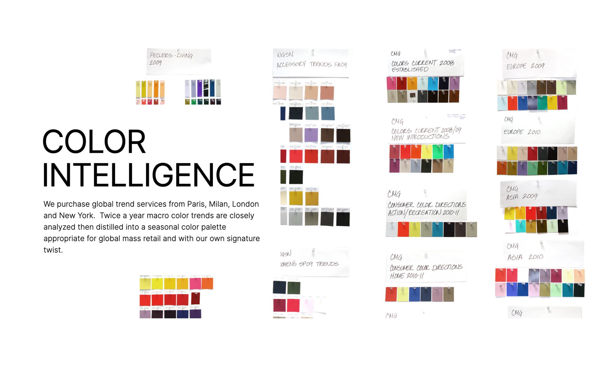 Collage of color swatches grouped by various global trend sources and years alongside text explaining color intelligence and global trend sourcing from Paris, Milan, London, and New York.