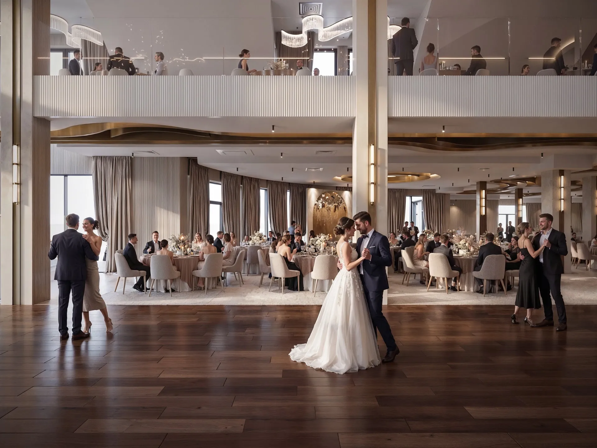 Para młoda tańczy na drewnianym parkiecie w eleganckiej sali weselnej, wokół goście siedzący przy stołach i inne pary tańczące.