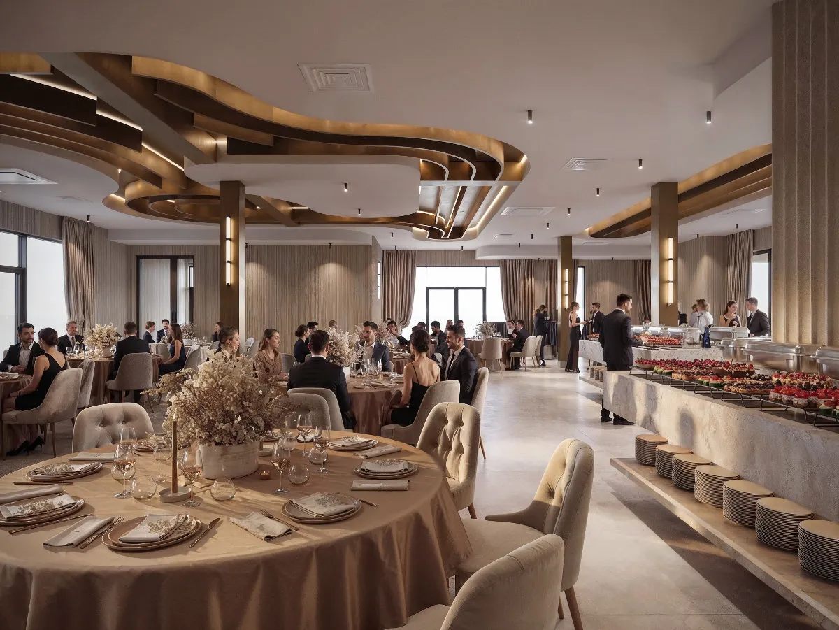 Elegancka sala weselna z okrągłymi stołami, beżowymi nakryciami, dekoracjami kwiatowymi i bufetem z deserami.